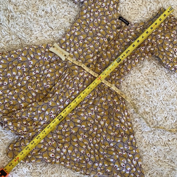 Gold Mini Romper Dress, gathered at shoulders & waist, Easy Front Opening - Picture 12 of 16